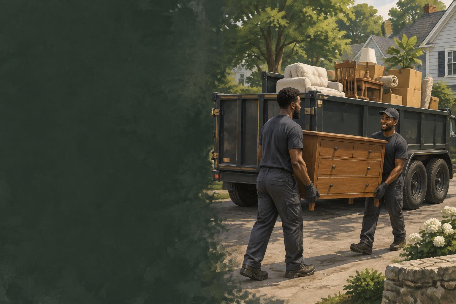 Illustration of fictional Black workers carrying furniture beside a hauling trailer